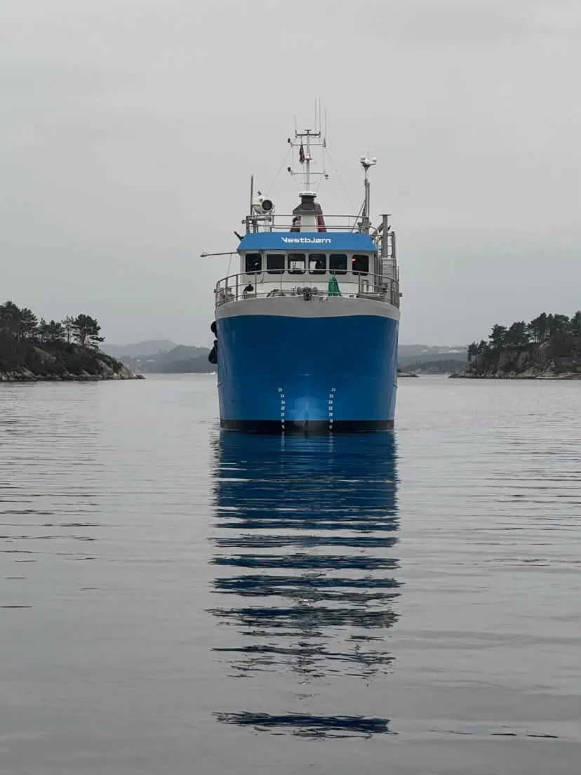 MS Vestbjørn rett forfrå på blikkstill sjø, med spegling i vatnet