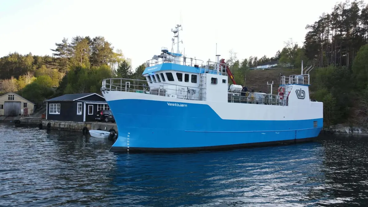 MS Vestbjørn i full lengd på still fjord, med kvitt overbygg og blått skrog